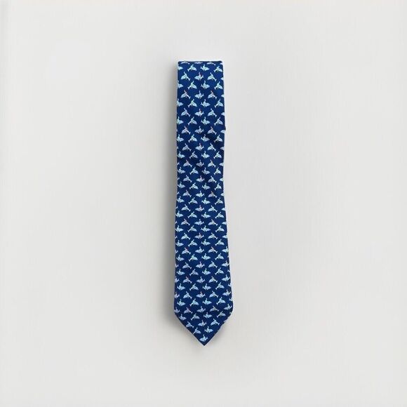 Hermes 100% Silk Tie Polo Dolphin Print Blue Rare - Picture 1 of 6